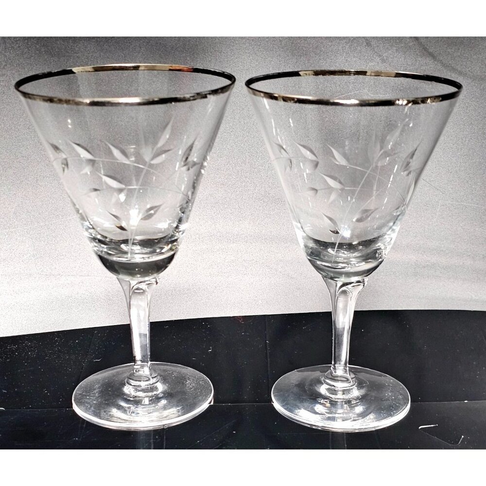 2 Fostoria Bridal Belle Water Goblet 6.25" platinum band cut glass floral stems - Picture 1 of 8